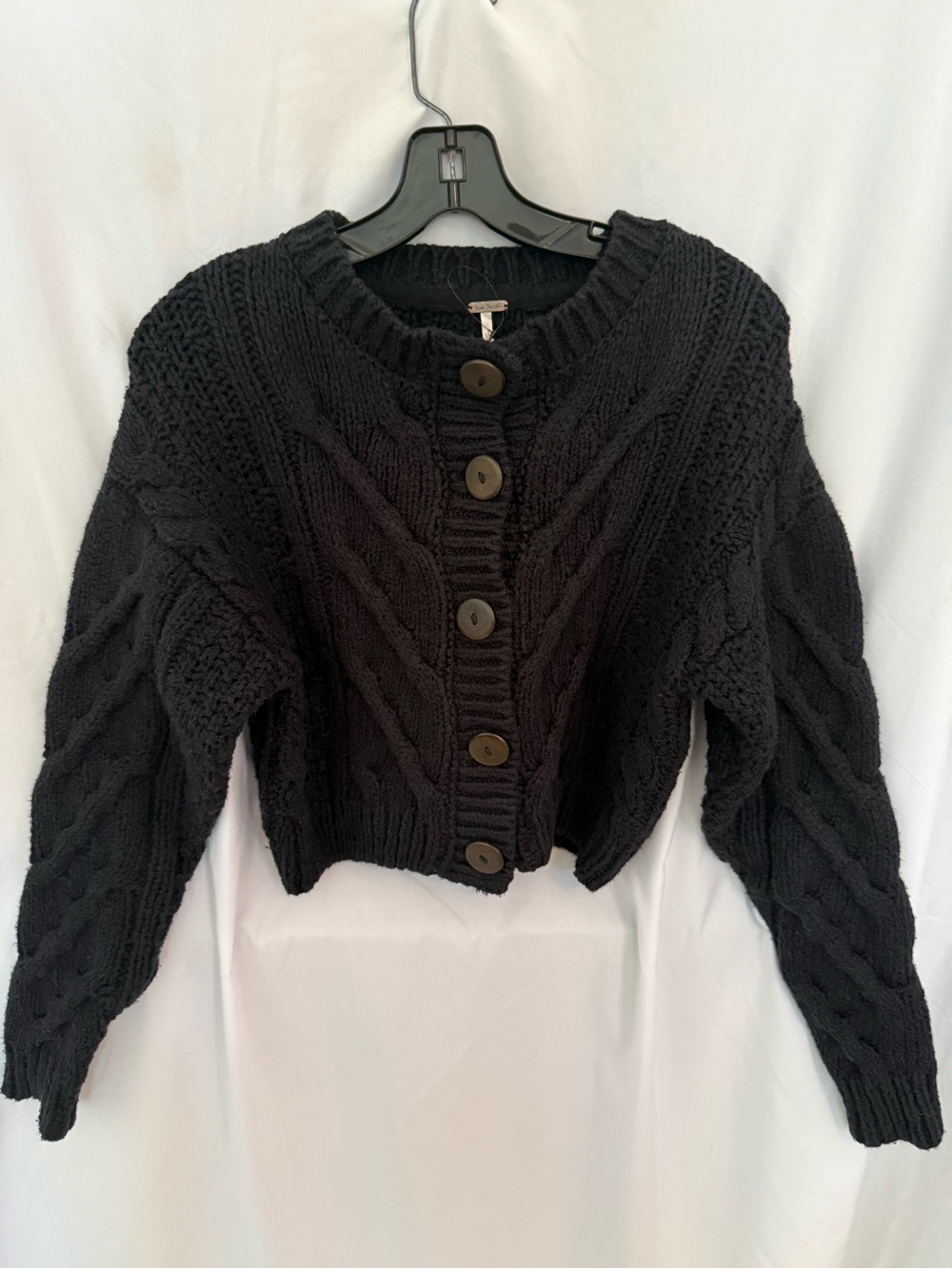 Free People Black Cable-Knit Button Front Crop Sweater Cardigan
